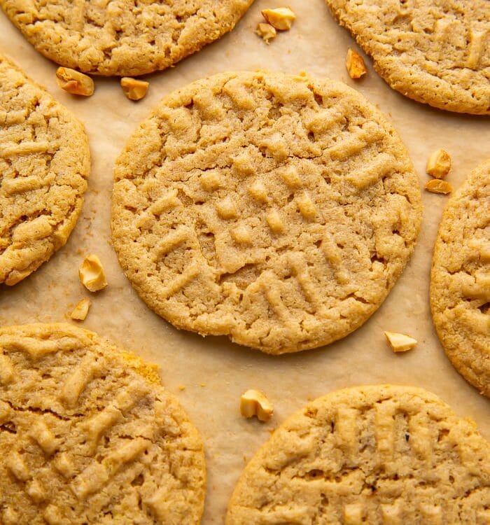Overhead view of gluten free peanut butter cookies on parchment paper