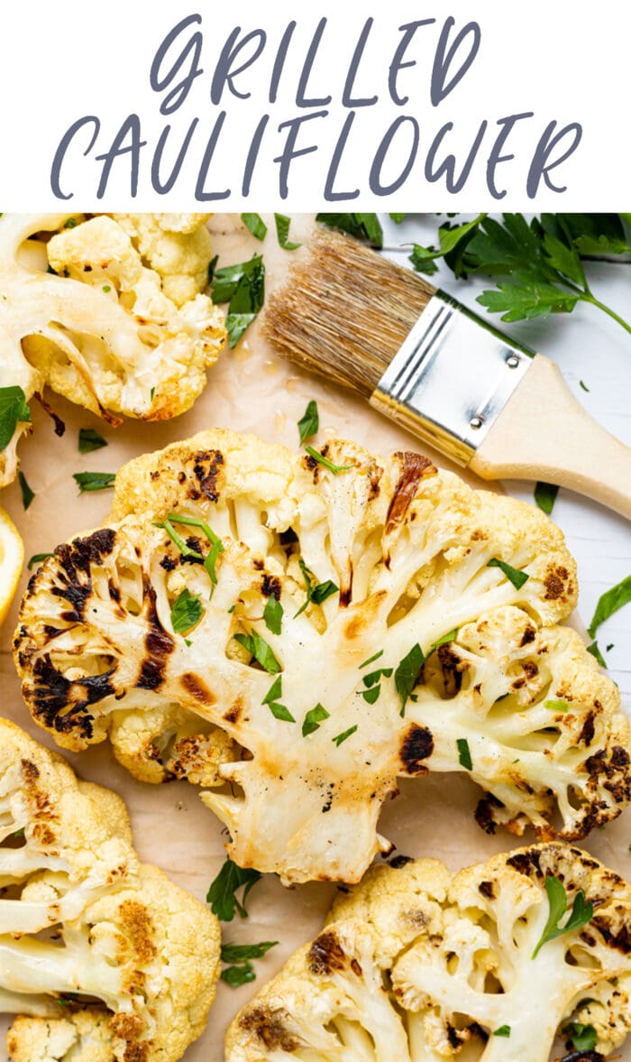Pin graphic for grilled cauliflower