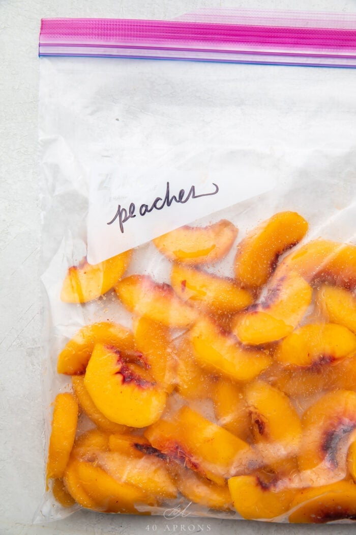 Frozen peaches in a freezer bag