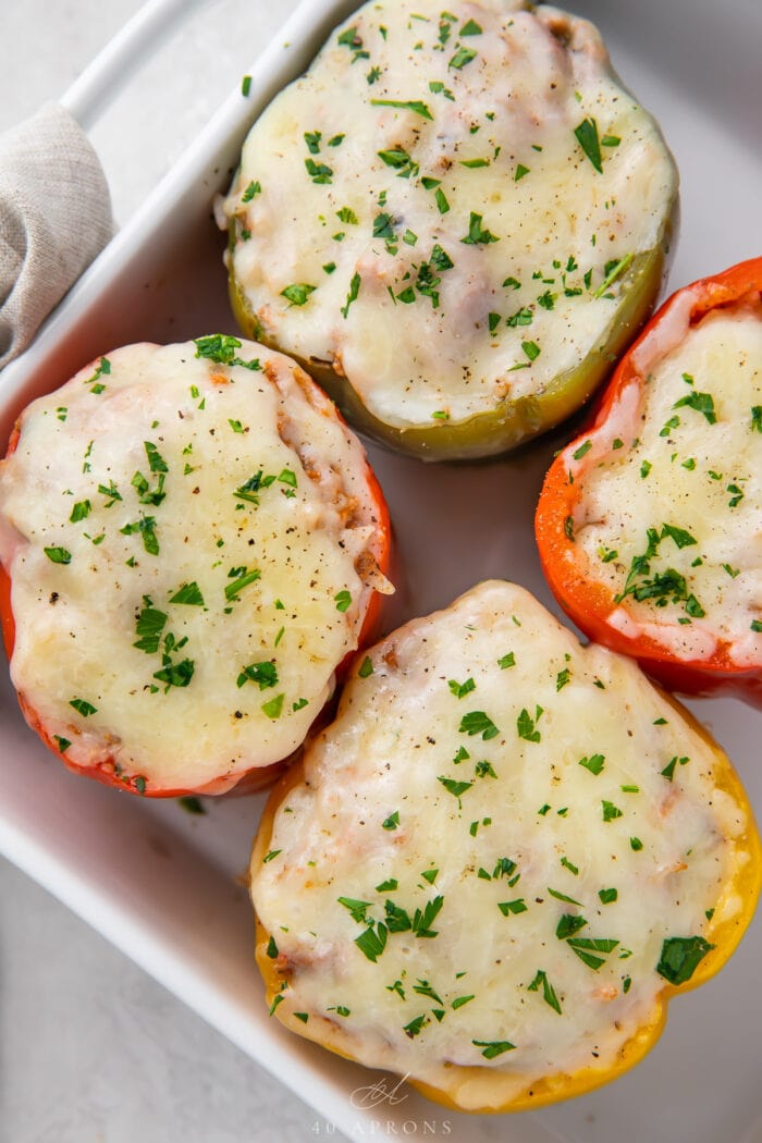 Overhead angle of Instant Pot stuffed peppers in a white tray