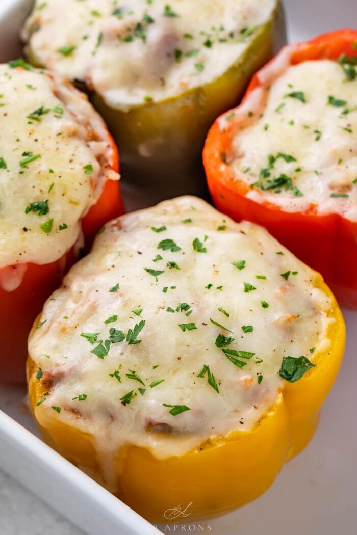 Instant pot stuffed peppers in aa white serving tray