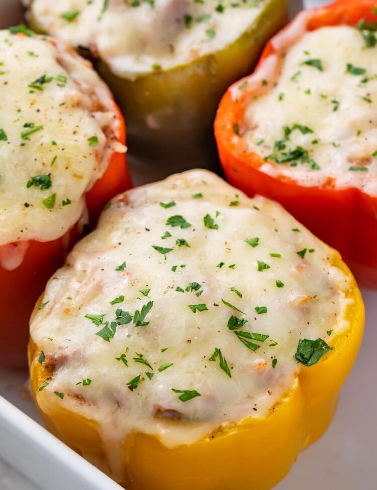 Instant pot stuffed peppers in aa white serving tray