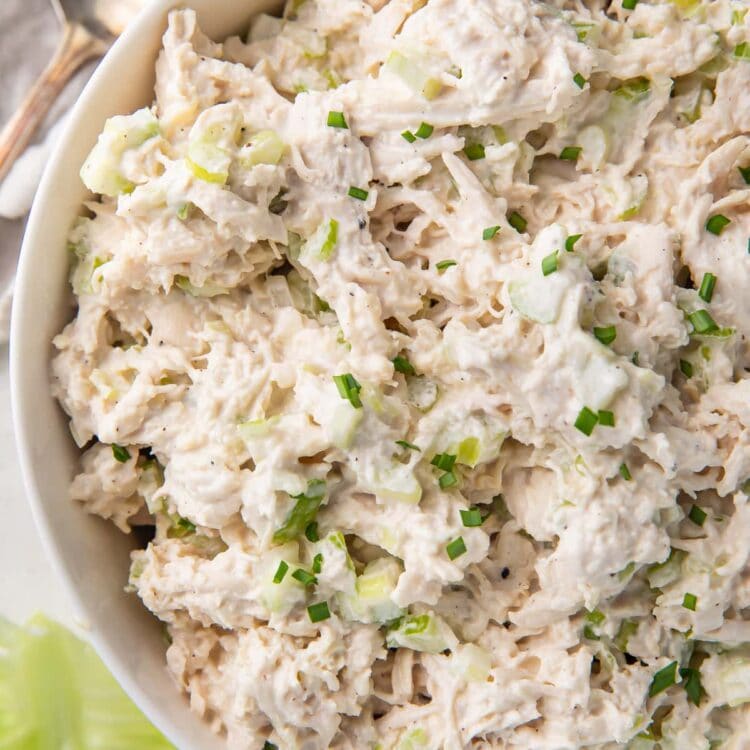 Keto chicken salad in a large ceramic bowl