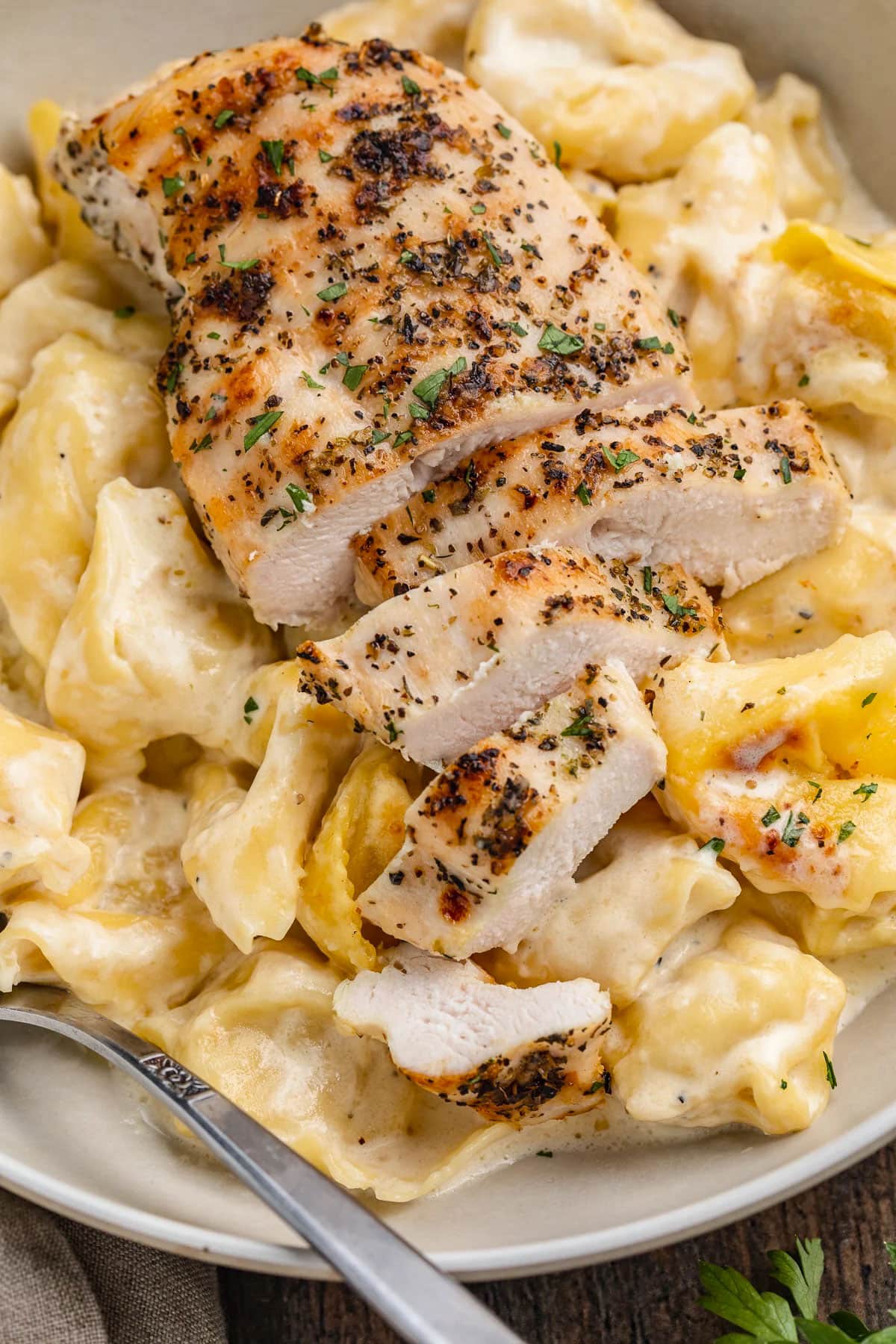 Creamy asiago tortelloni topped with slices of grilled chicken.