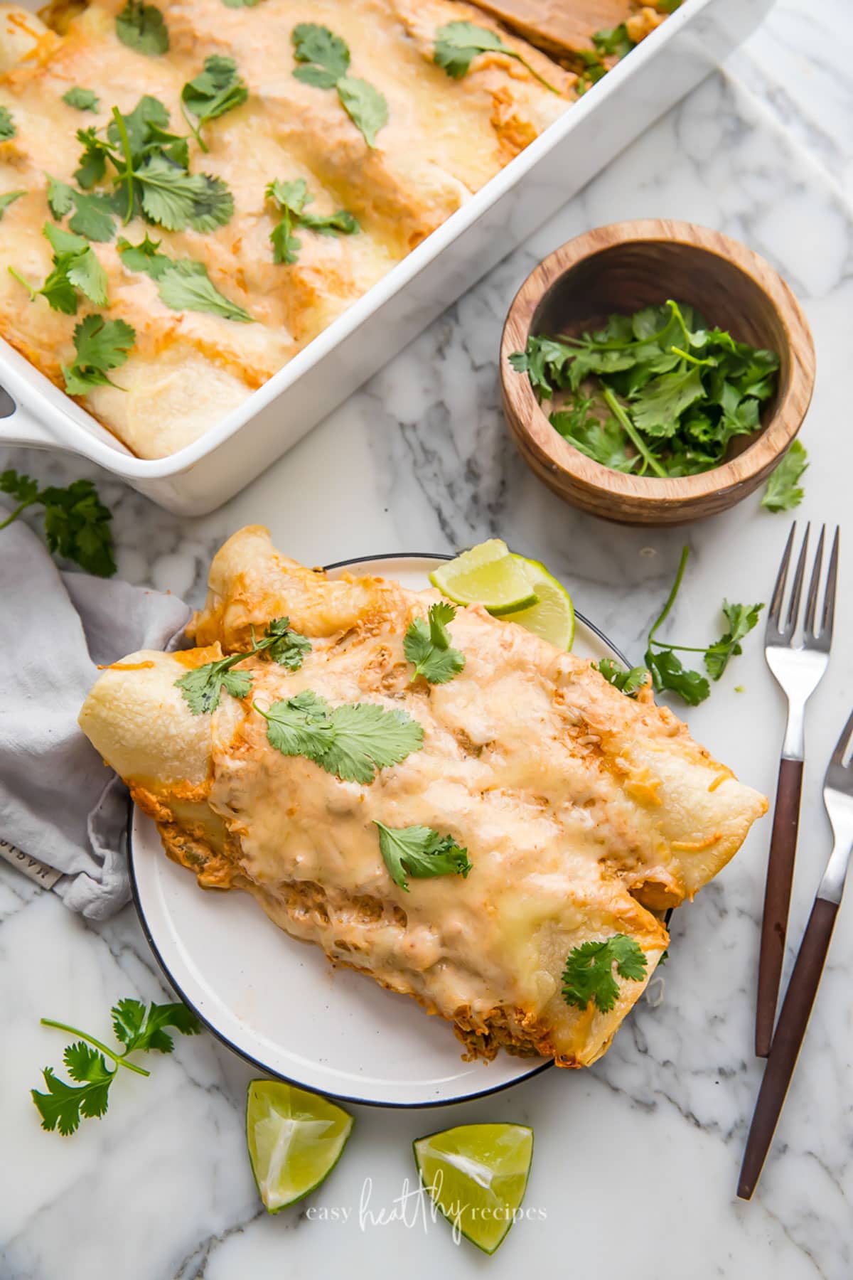 Two chicken enchiladas on a small white plate, next to a casserole dish of chicken enchiladas on a neutral light tabletop.