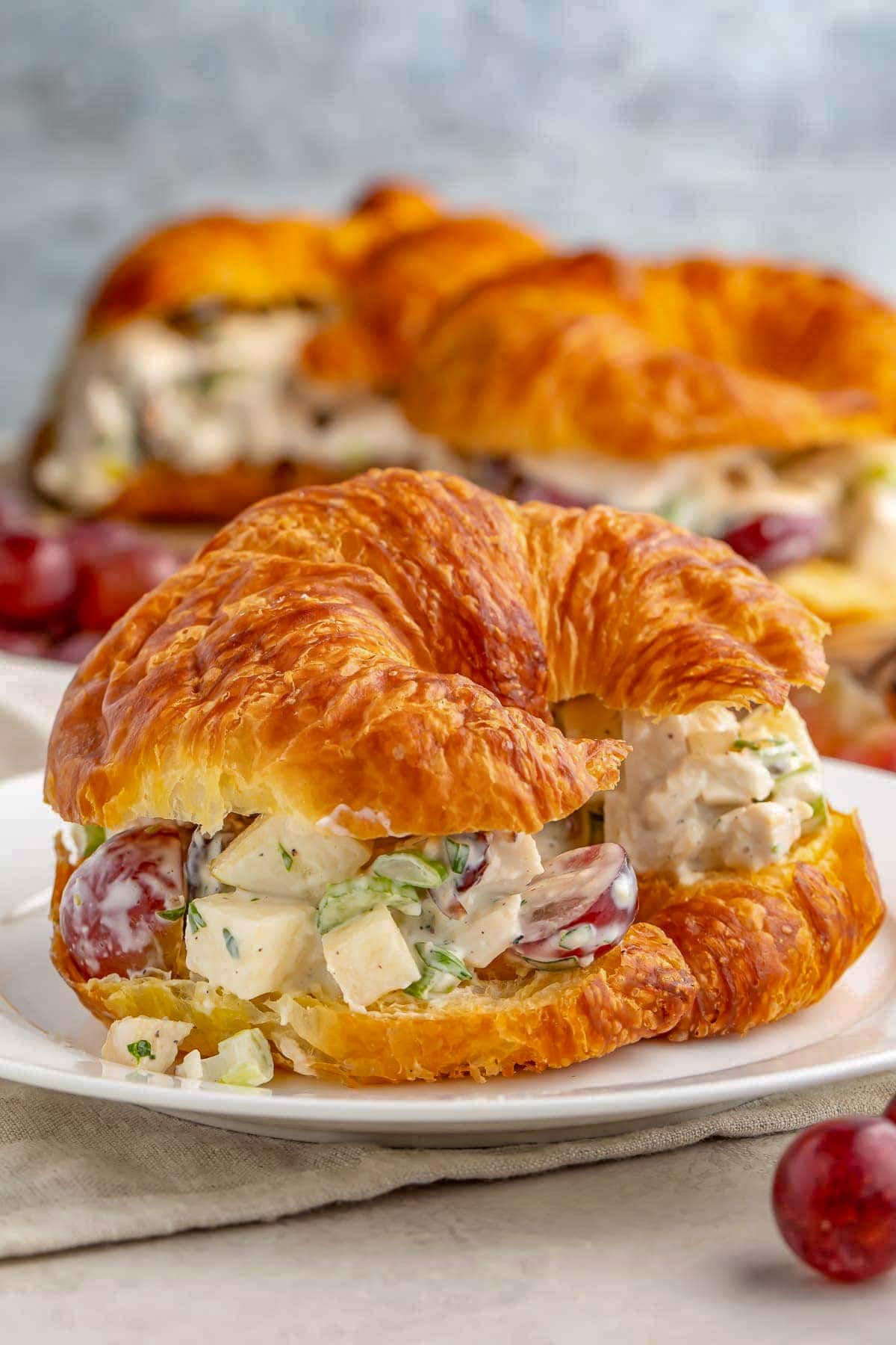 Creamy chicken salad with halved red grapes on a croissant sandwich roll.