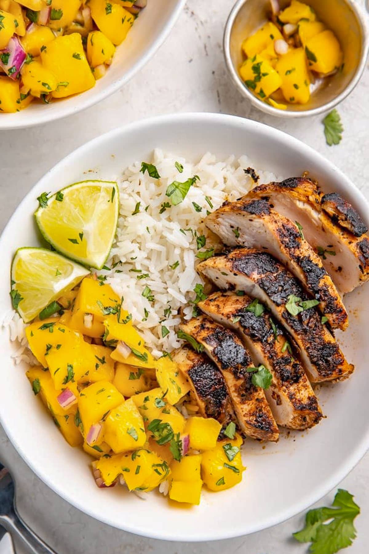 Top-down view of a sliced, jerk-seasoned chicken breast in a large bowl with bright mango salsa and white rice.