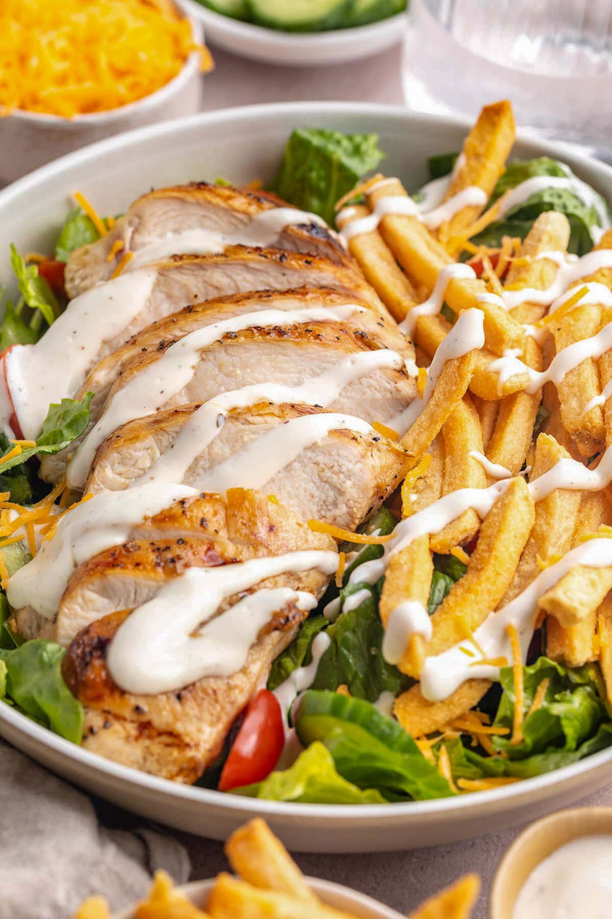 A Pittsburgh chicken salad with crisp french fries, drizzled with salad dressing, in a large bowl.