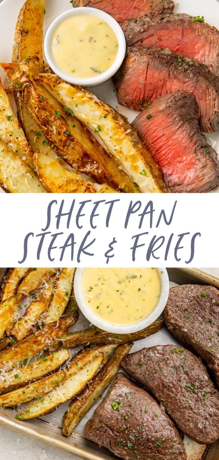 Pin graphic for sheet pan steak and fries