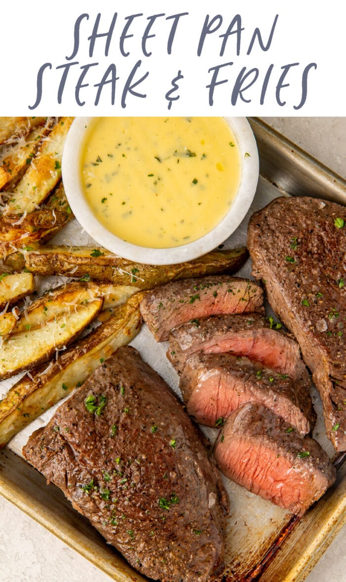 Pin graphic for sheet pan steak and fries