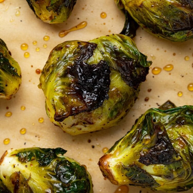 close up image of grilled brussels sprouts