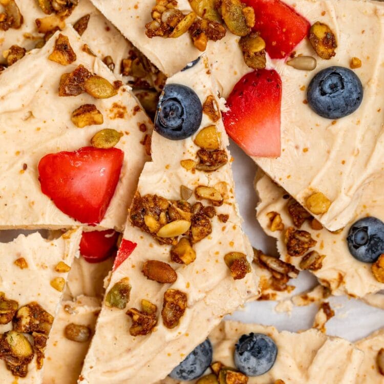 close up image of peanut butter frozen yogurt bark