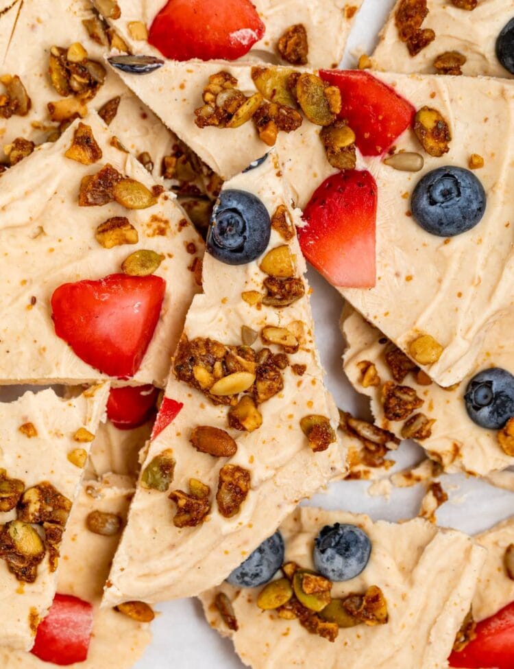 close up image of peanut butter frozen yogurt bark