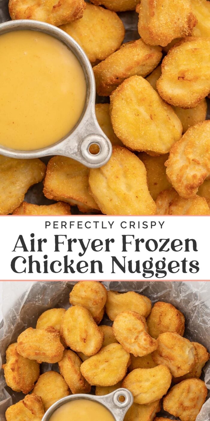 Pin graphic for air fryer frozen chicken nuggets.