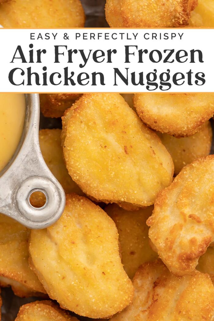 Pin graphic for air fryer frozen chicken nuggets.