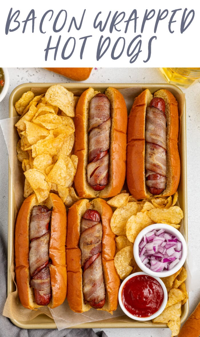 Pin graphic for bacon wrapped hot dogs