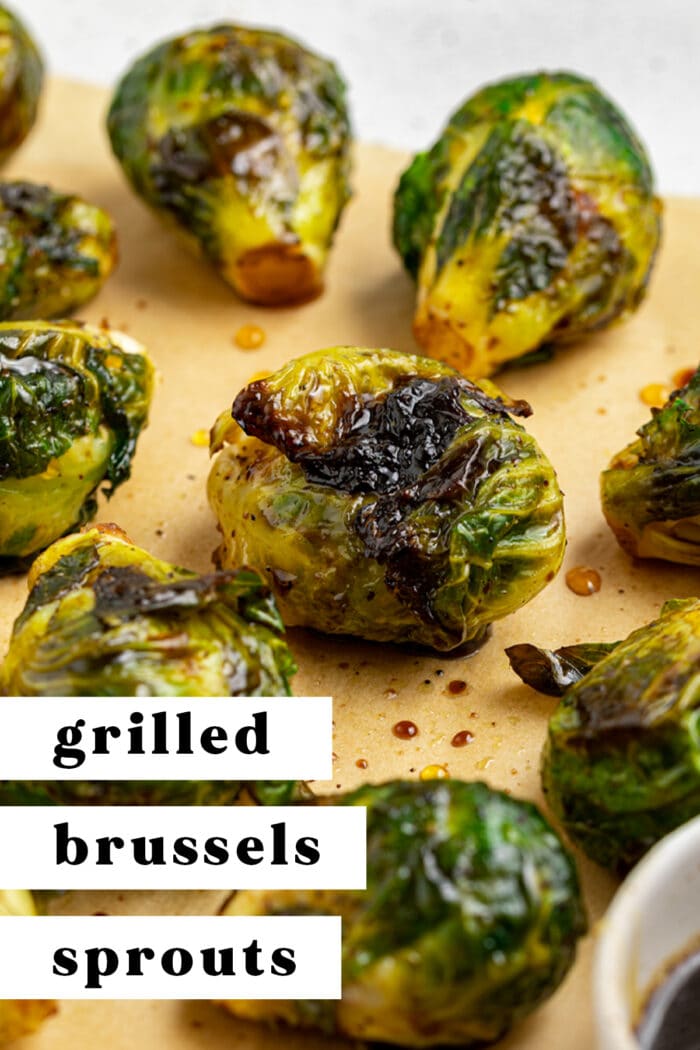 Pin graphic for grilled Brussels sprouts