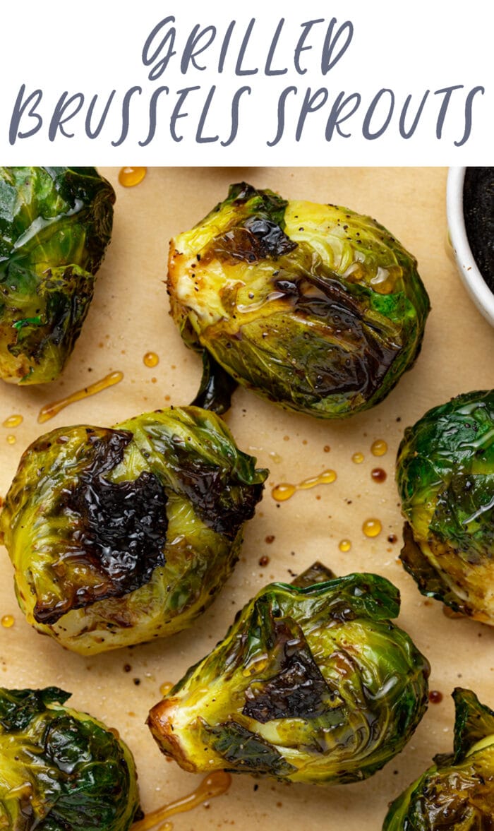 Pin graphic for grilled Brussels sprouts