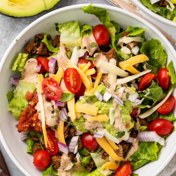 Zoomed out photo of keto taco salad in a large bowl