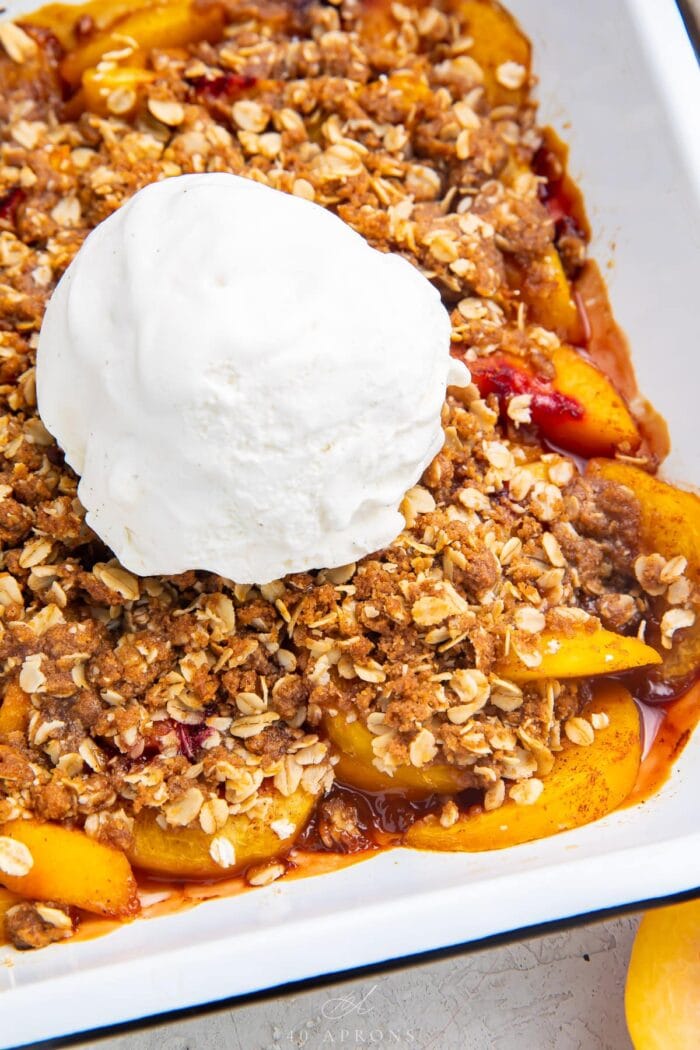 Peach crisp in a baking dish