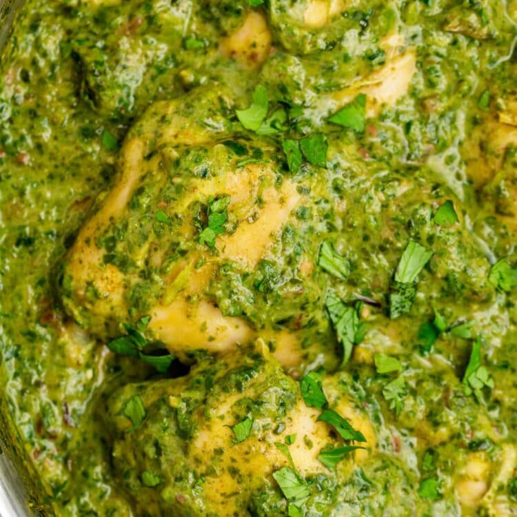 chicken saag in a skillet with fresh cilantro on top