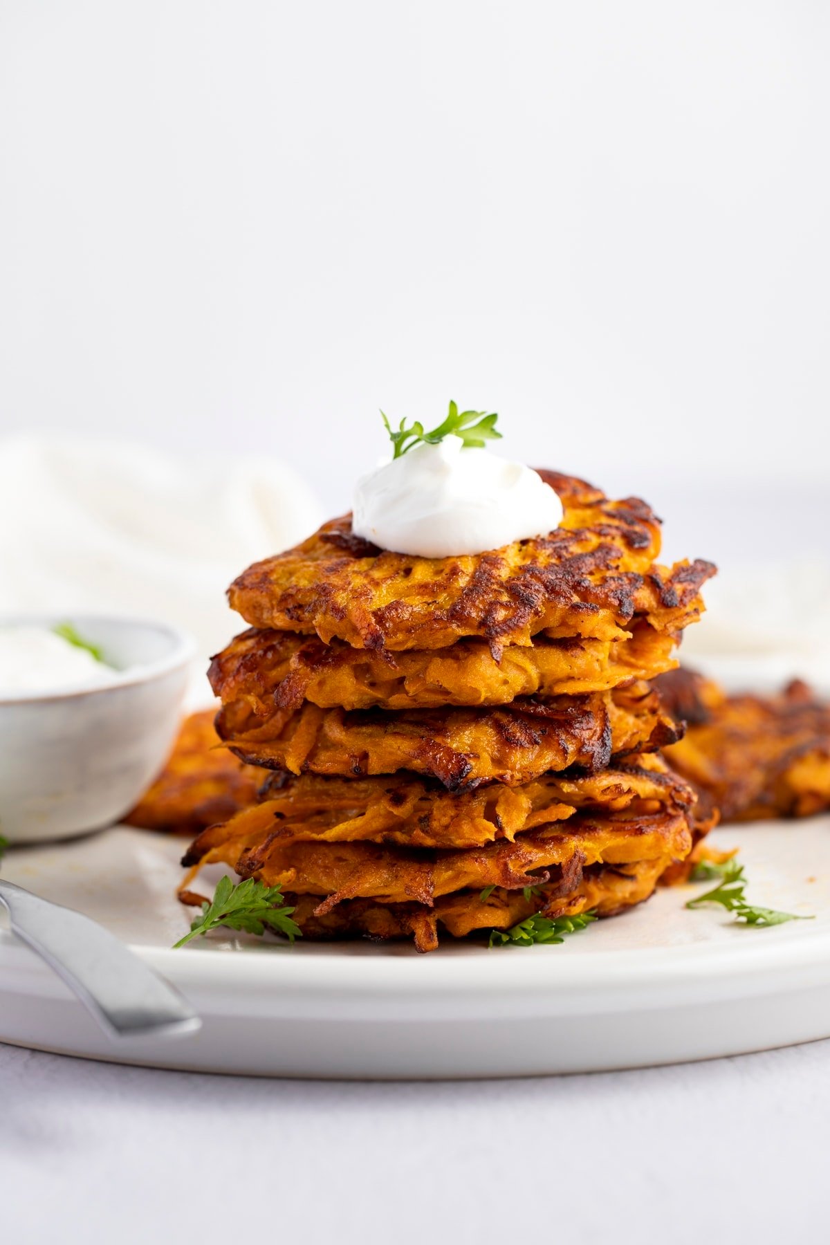 Stack of sweet potato hash browns.