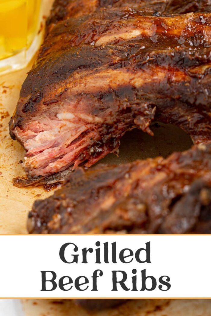 Pin graphic for grilled beef ribs.