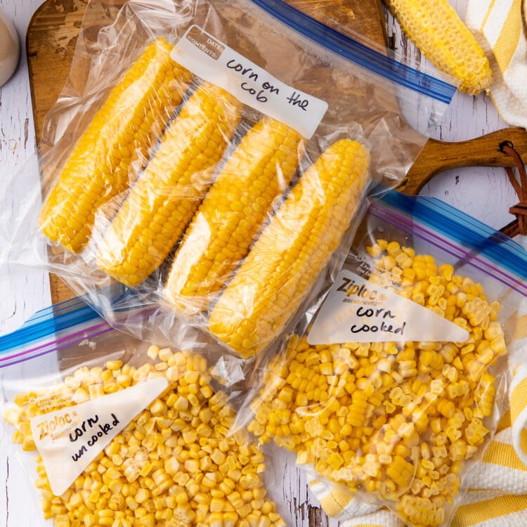 3 zippered bags of corn, ready to freeze for later.