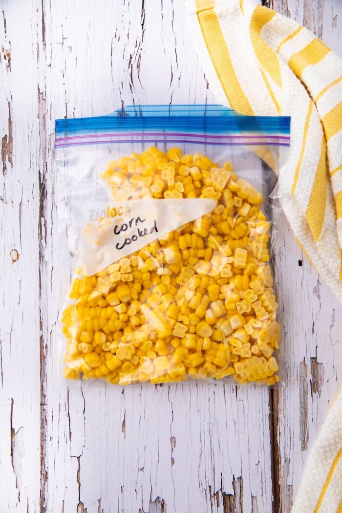 Cooked corn kernels in freezer bag