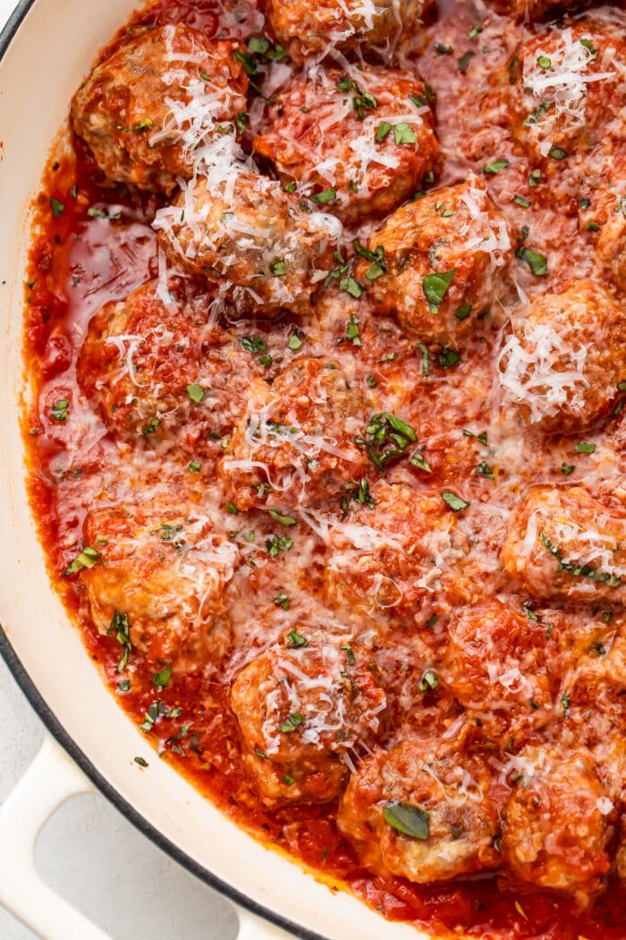 Keto meatballs in tomato sauce in a large dish
