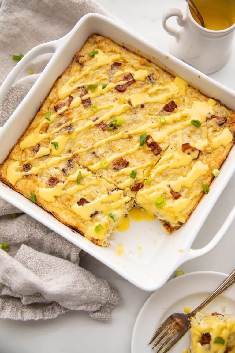 Paleo Hash Brown Breakfast Casserole with Bacon and Hollandaise