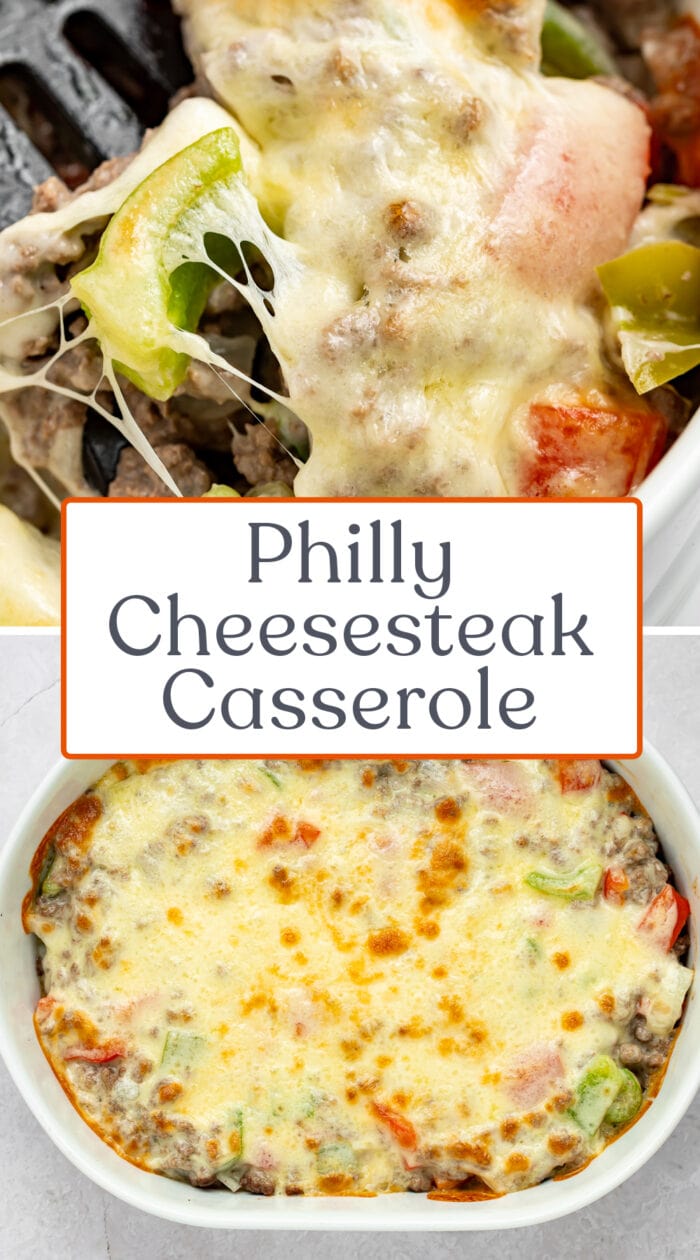 Pin graphic for Philly cheesesteak casserole