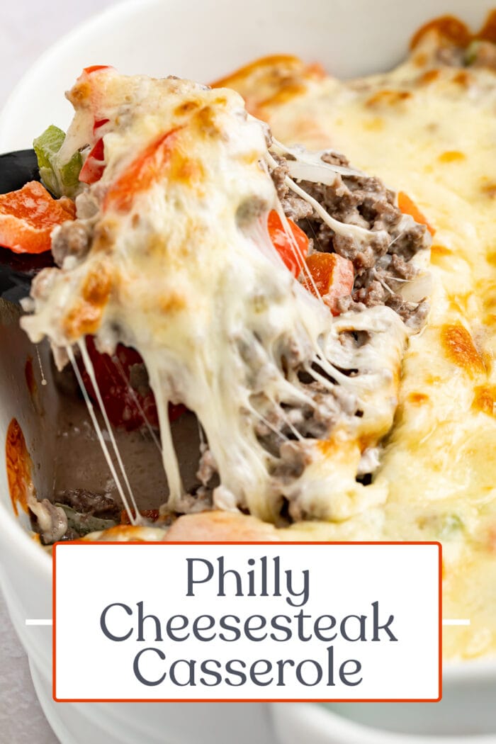 Pin graphic for Philly cheesesteak casserole