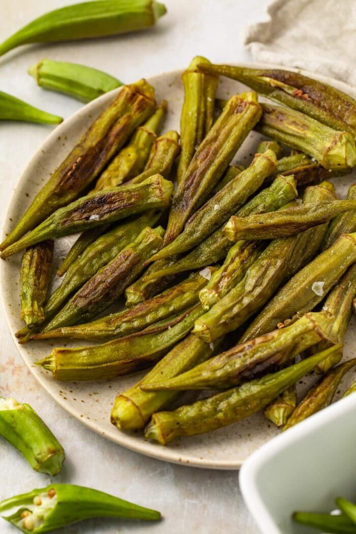 Lightly roasted okra in a large bowl
