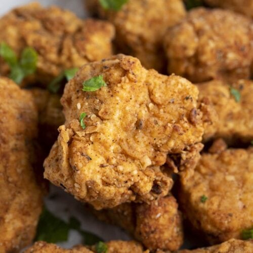 Vegan fried chicken on a white plate