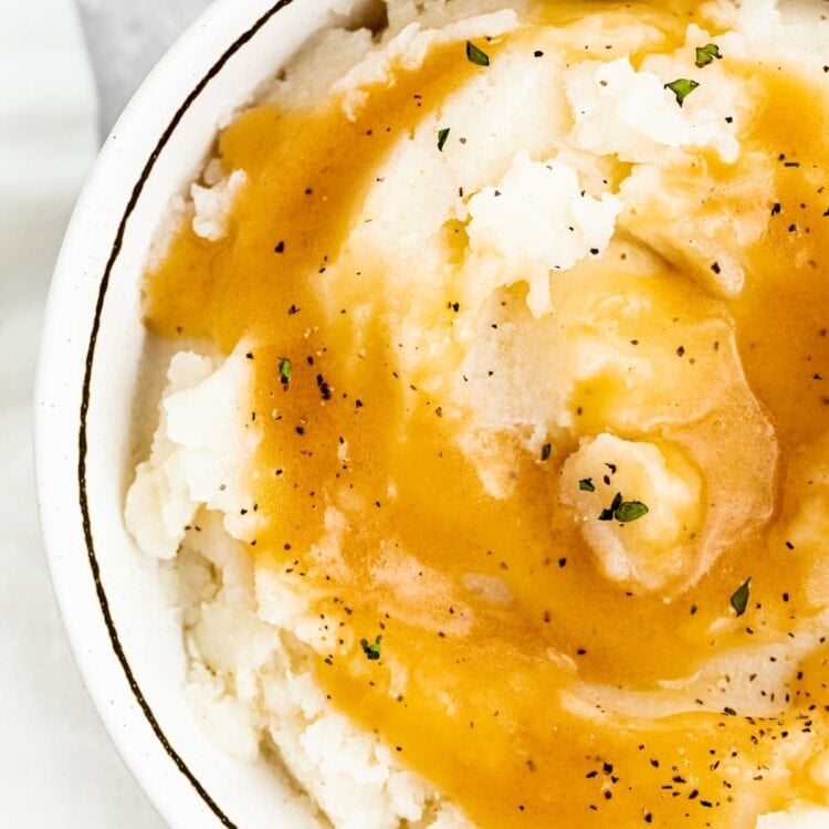 keto gravy over mashed potatoes in a bowl