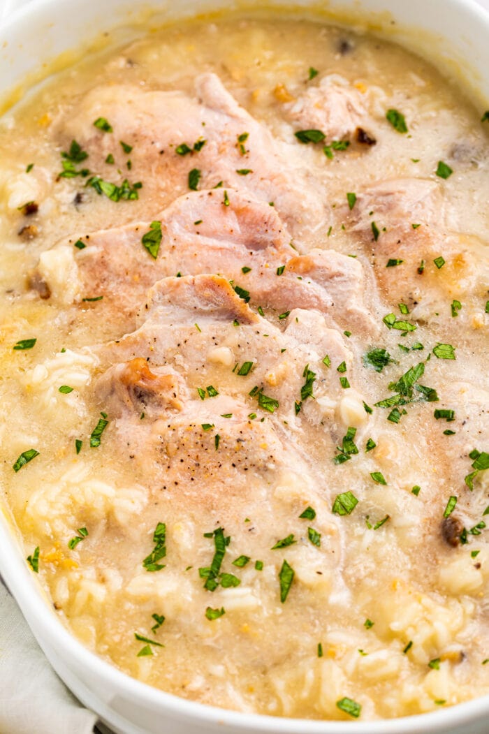 Pork chops and rice in a casserole dish