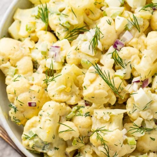 Overhead, close-up view of cauliflower potato salad