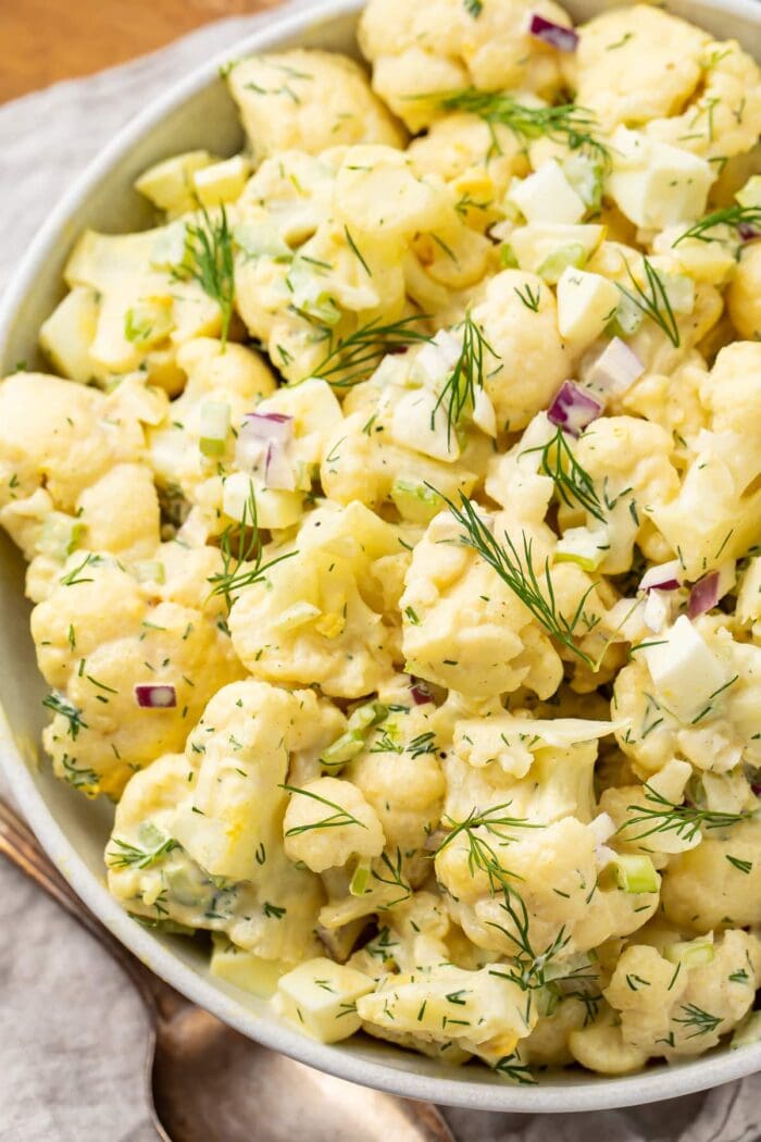 Overhead, close-up view of cauliflower potato salad