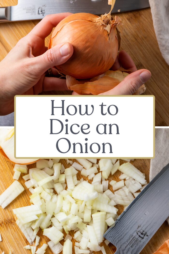 Pin graphic for how to dice an onion