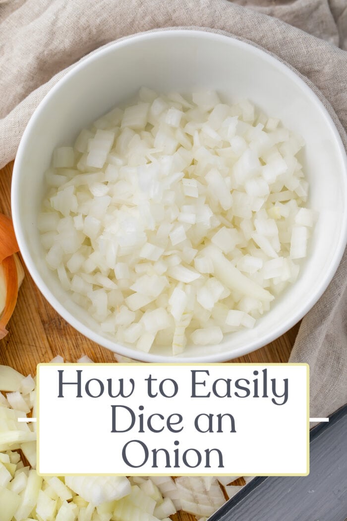 Pin graphic for how to dice an onion