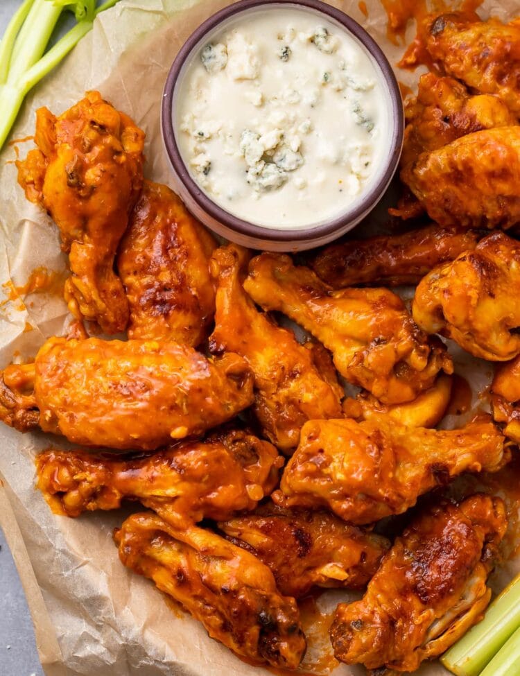 A plate of Instant Pot chicken wings with ranch dressing
