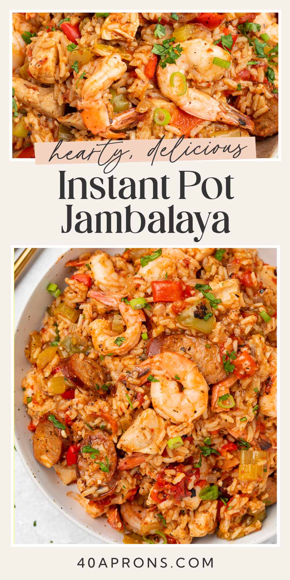 Pin graphic for Instant Pot jambalaya.