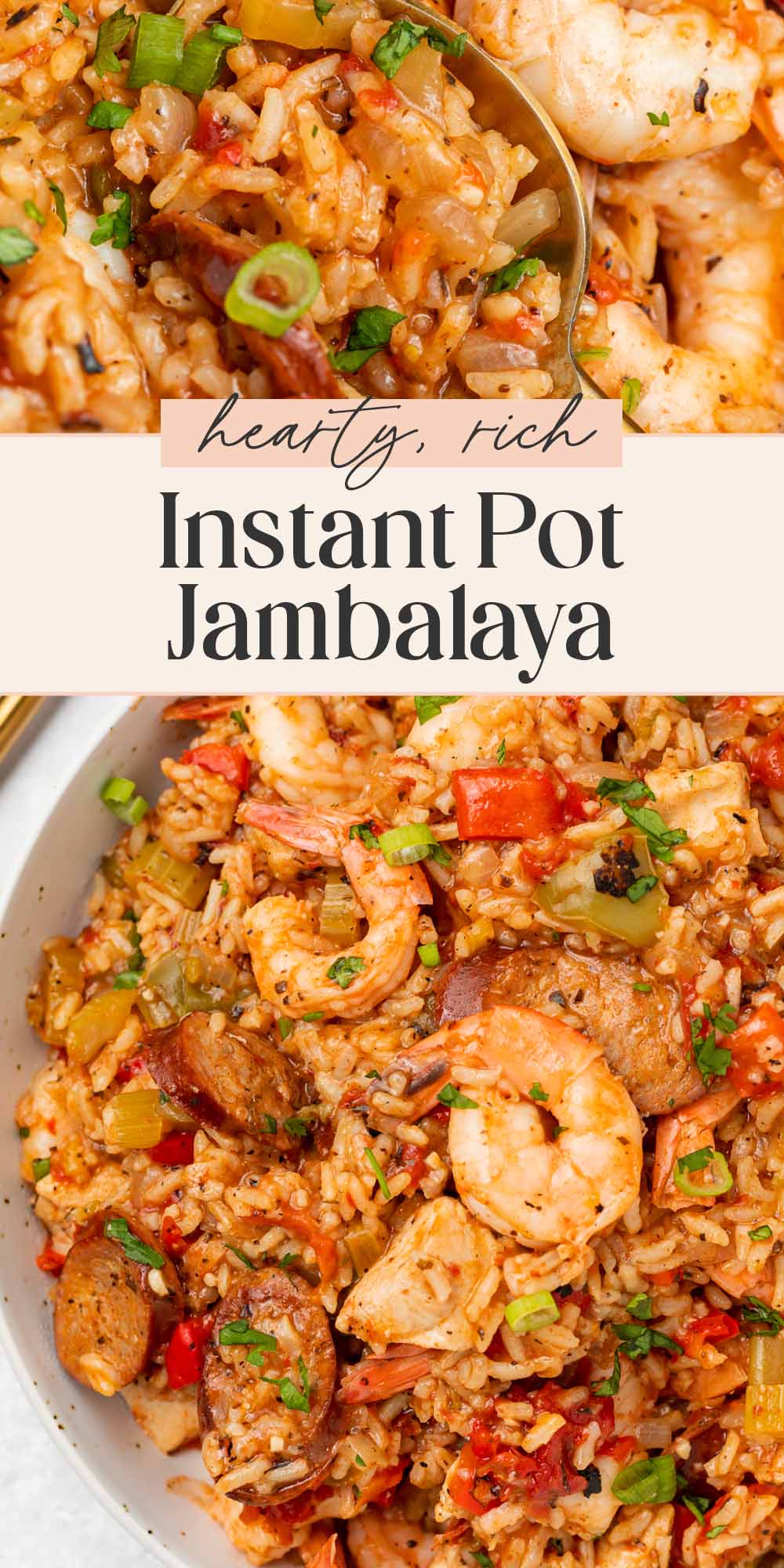 Pin graphic for Instant Pot jambalaya.