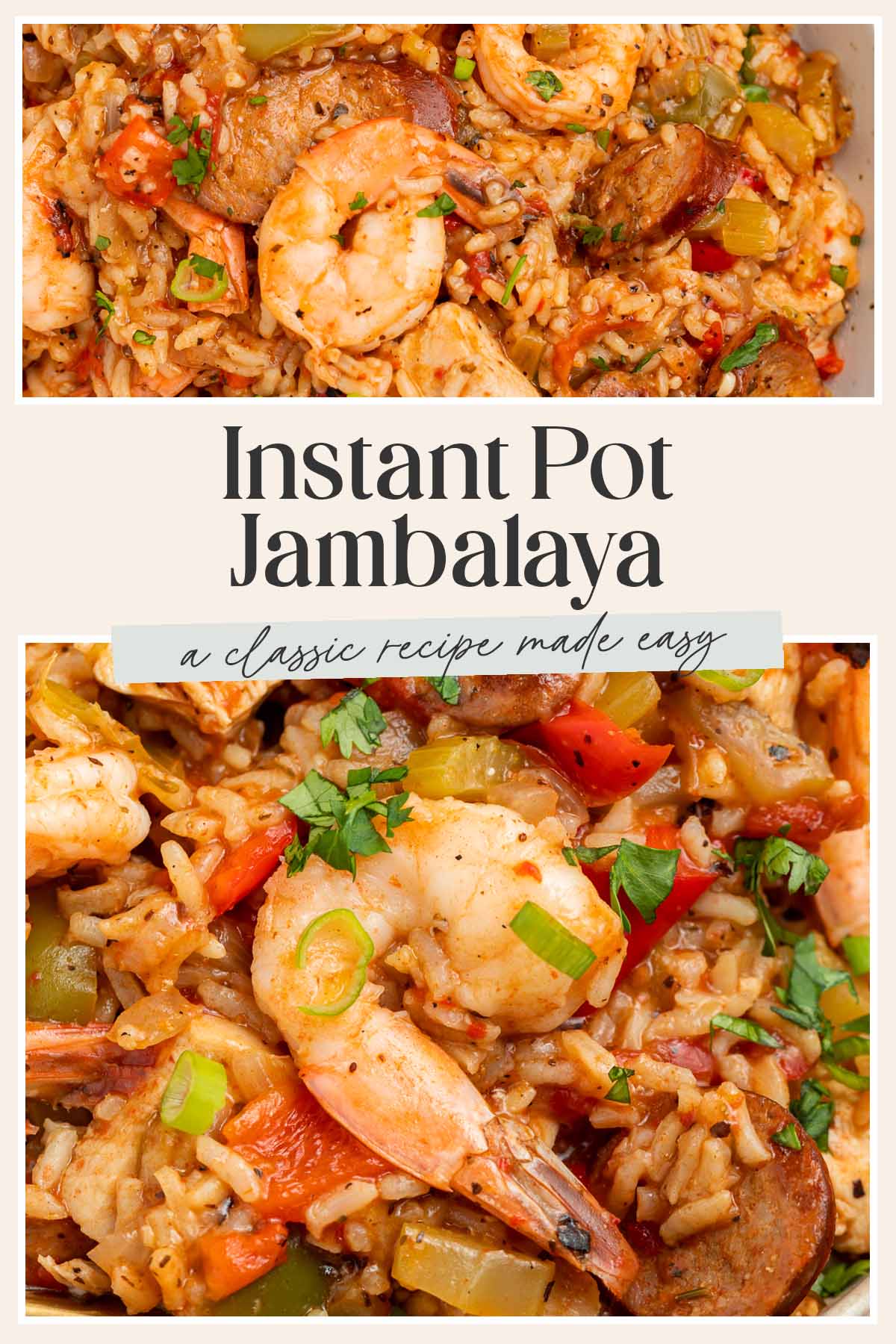 Pin graphic for Instant Pot jambalaya.