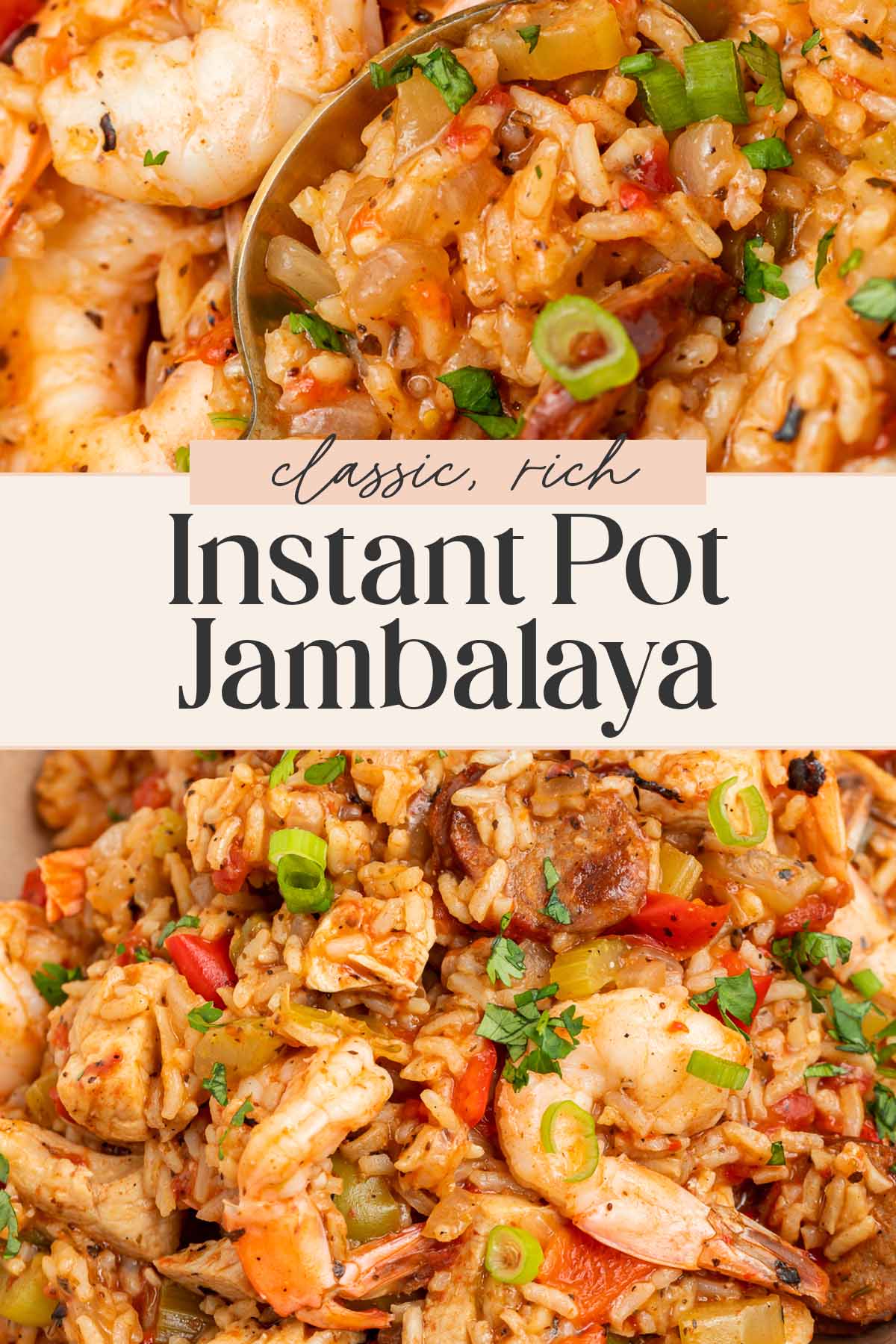 Pin graphic for Instant Pot jambalaya.