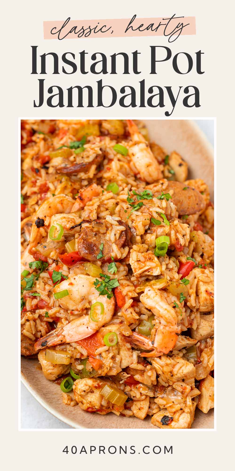 Pin graphic for Instant Pot jambalaya.