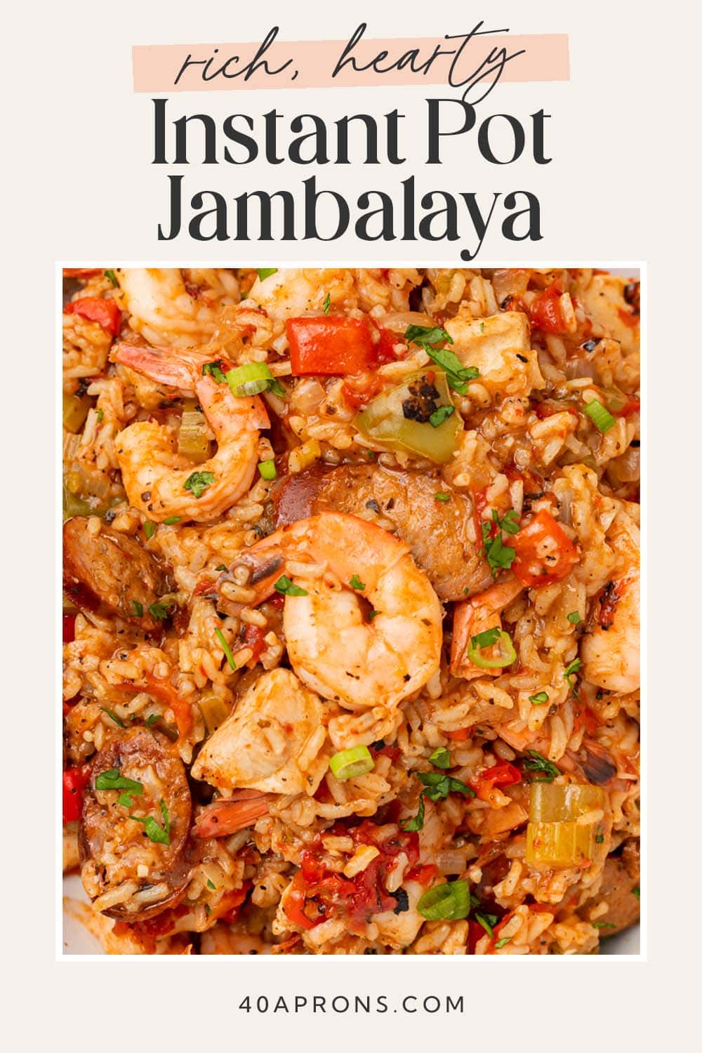 Pin graphic for Instant Pot jambalaya.