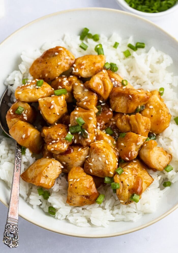 Mandarin chicken with rice in large bowl