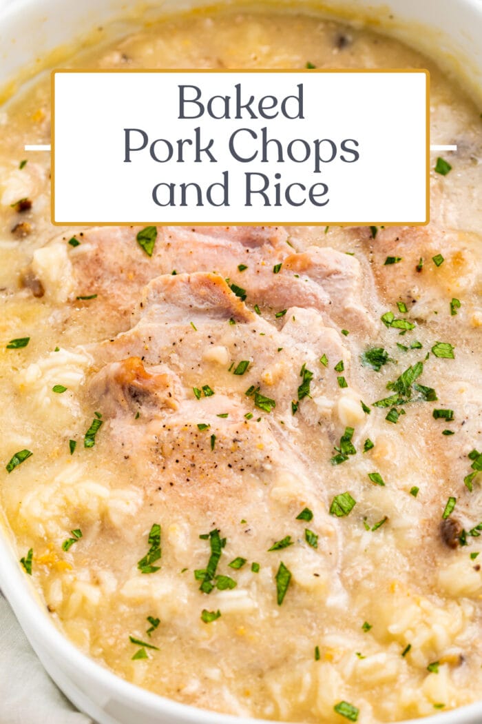 Pin graphic for pork chops and rice